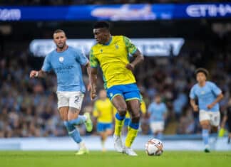 Taiwo Awoniyi #9 of Nottingham Forest looks for options in attack in Manchester