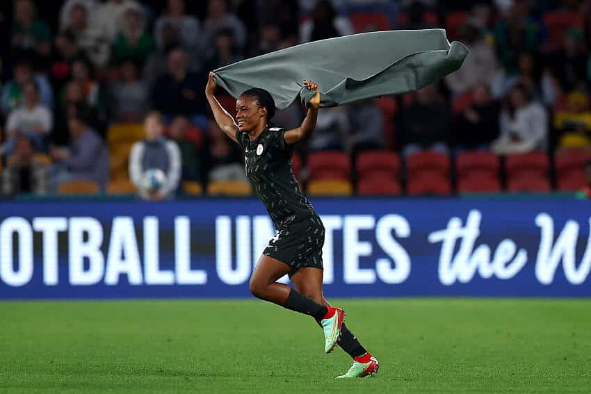 Super Falcons squad member Oluwatosin Demehin celebrates qualification